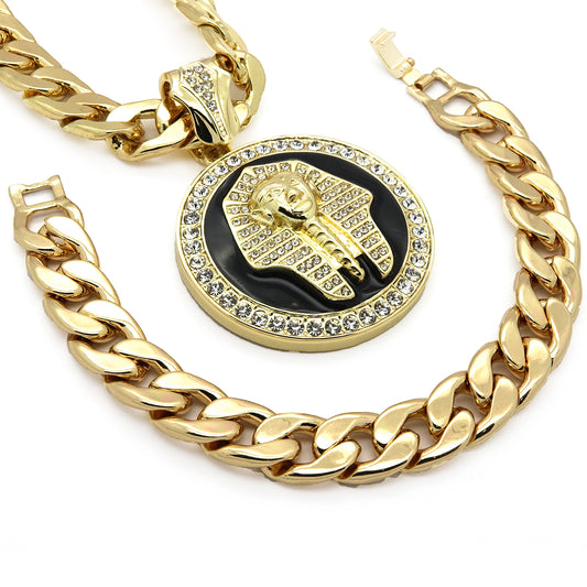 14k Gold Xl Black Pharaoh Pendant CZ 30" Cuban Chain Bracelet