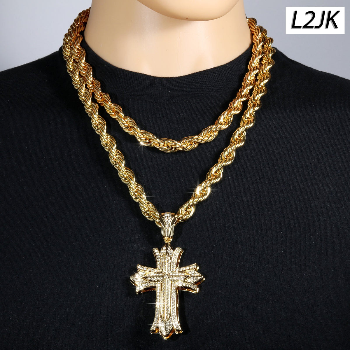 14k Rope Chain 10mm 20" & 24"In Large Clover Cross Gold