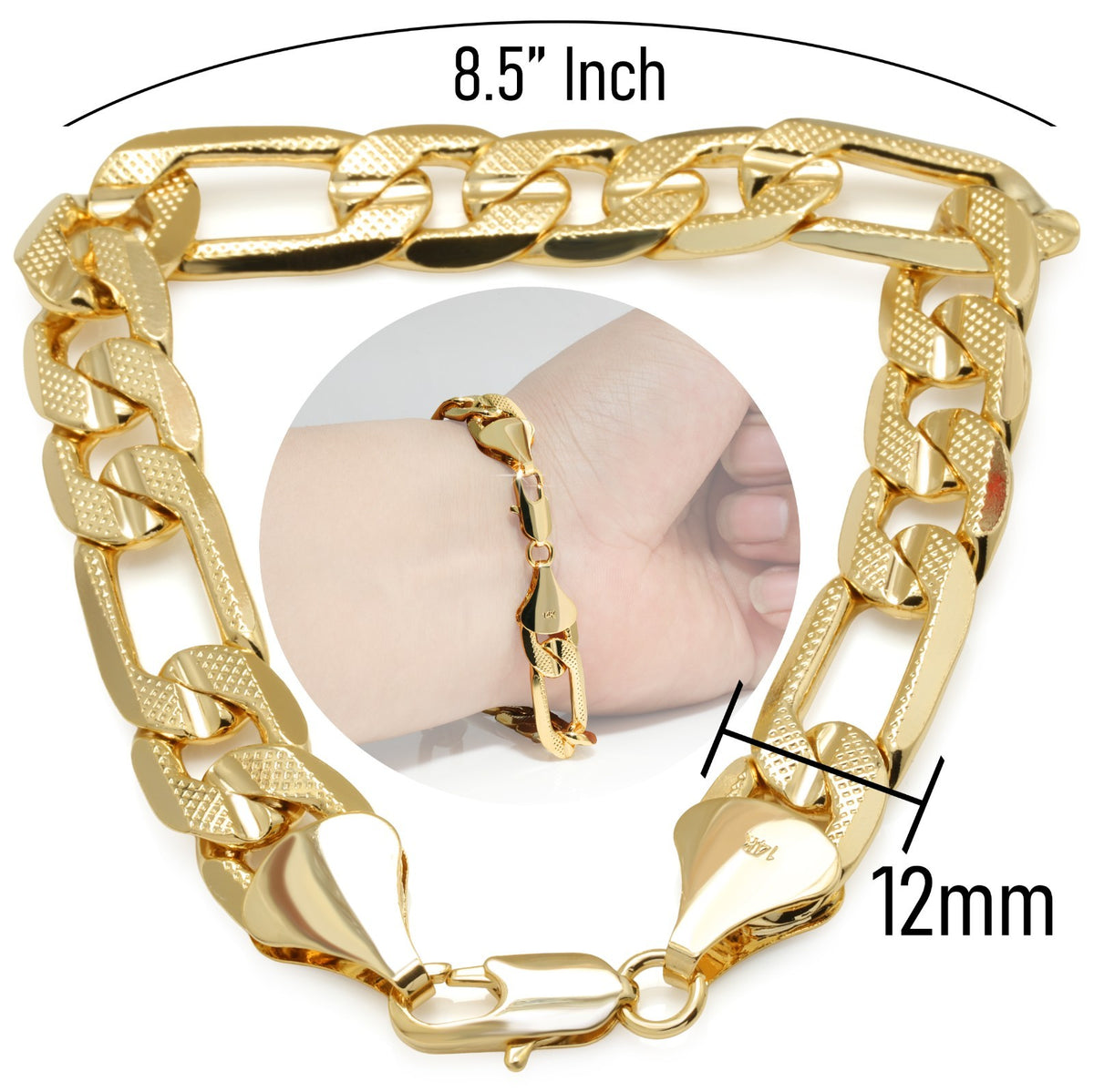 12MM Frost Figaro Bracelet 8.5"Inch 14k Gold Chain Jewelry
