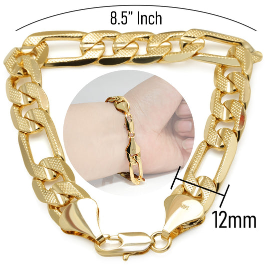 12MM Frost Figaro Bracelet 8.5"Inch 14k Gold Chain Jewelry