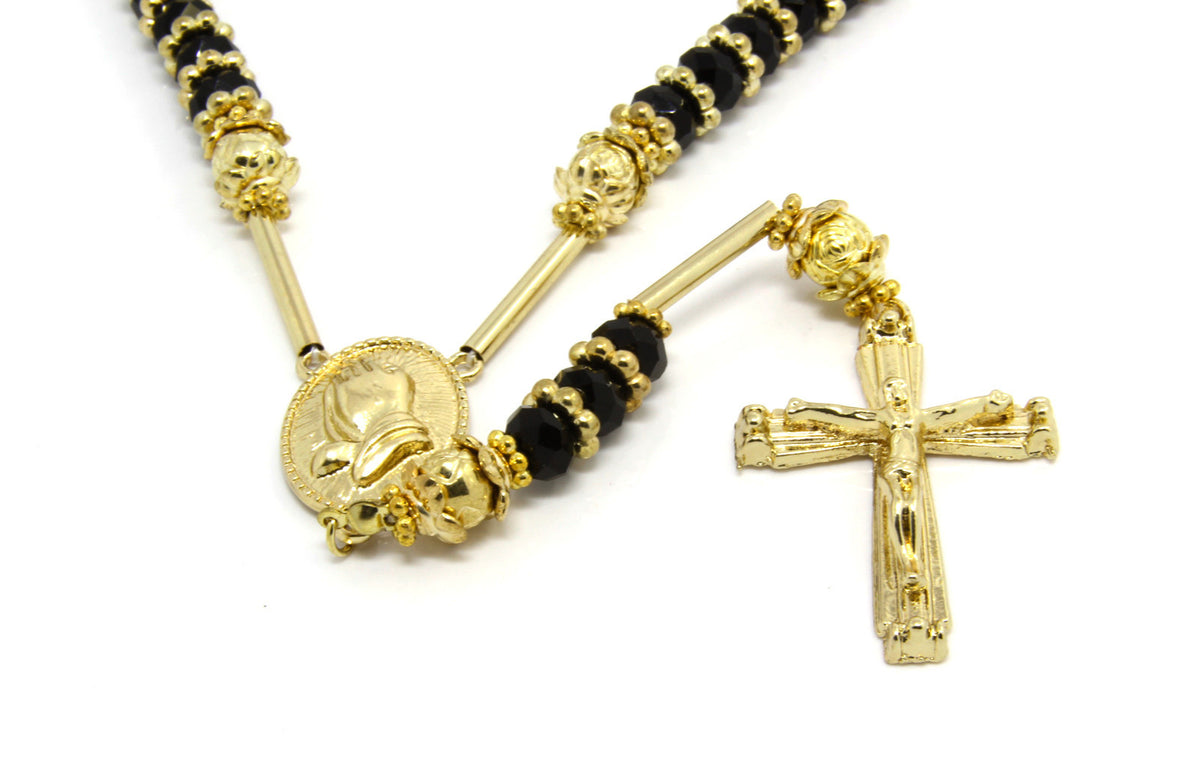 Gold Black 39" Wood Beaded Jesus Rosary Cross Pendant Pray Hands Charm