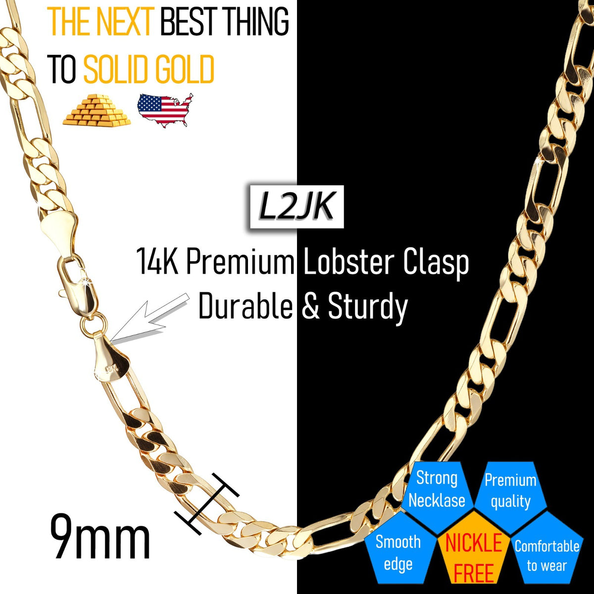 Italy Figaro Chain Link 14k Gold 9mm 24" for Men & Women