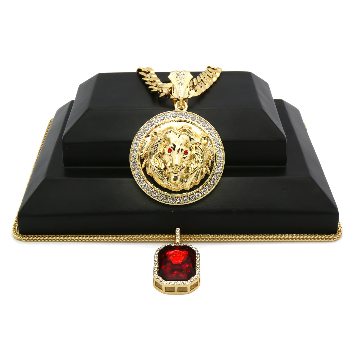 Men's 14k Gold Cuban Chain Lion Face Red Eyes & Red