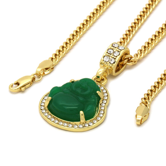 14k Gold Green Jade Buddha Pendant CZ Cuban Chain 24" 27' 30"