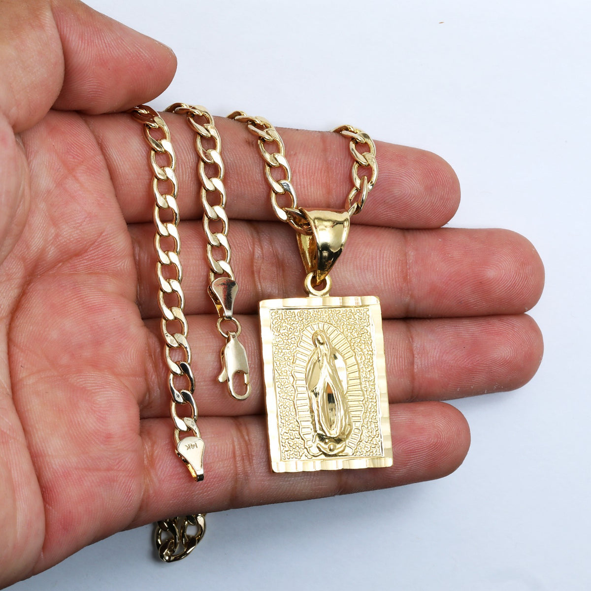 Virgin Mary Block 14k Gold 5mm 20" Cuban Link Necklace Choker Chain