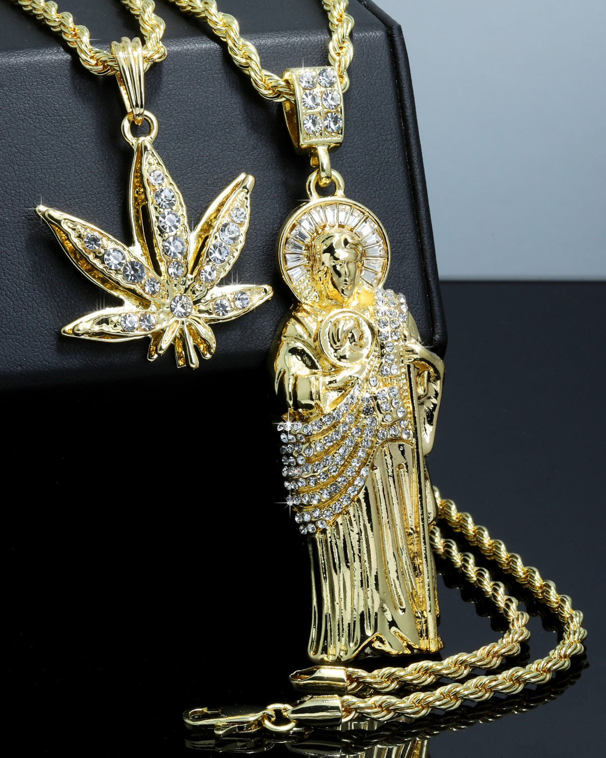 San Judas & Iced Marijuana Pendant CZ 14k Gold 4mm Rope Chain