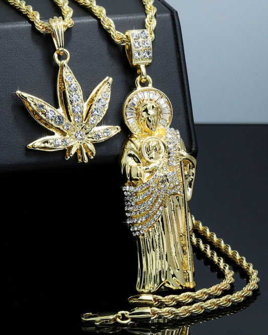 San Judas & Iced Marijuana Pendant CZ 14k Gold 4mm Rope Chain