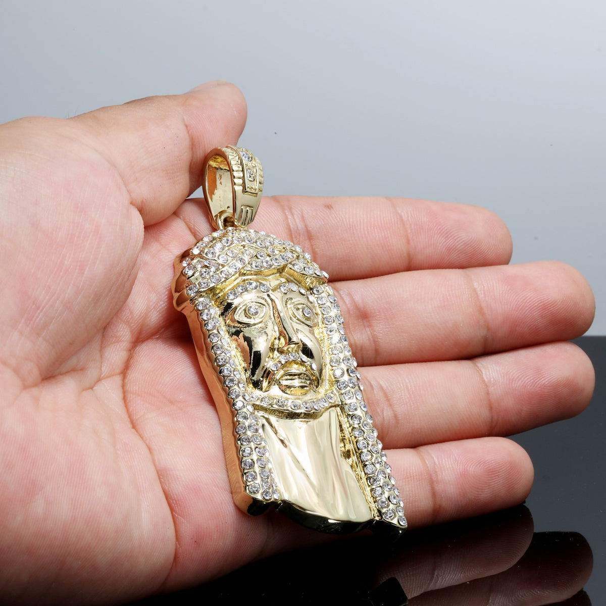 Slim Jesus Face Pendant Iced CZ 4mm Rope Chain 14k Gold