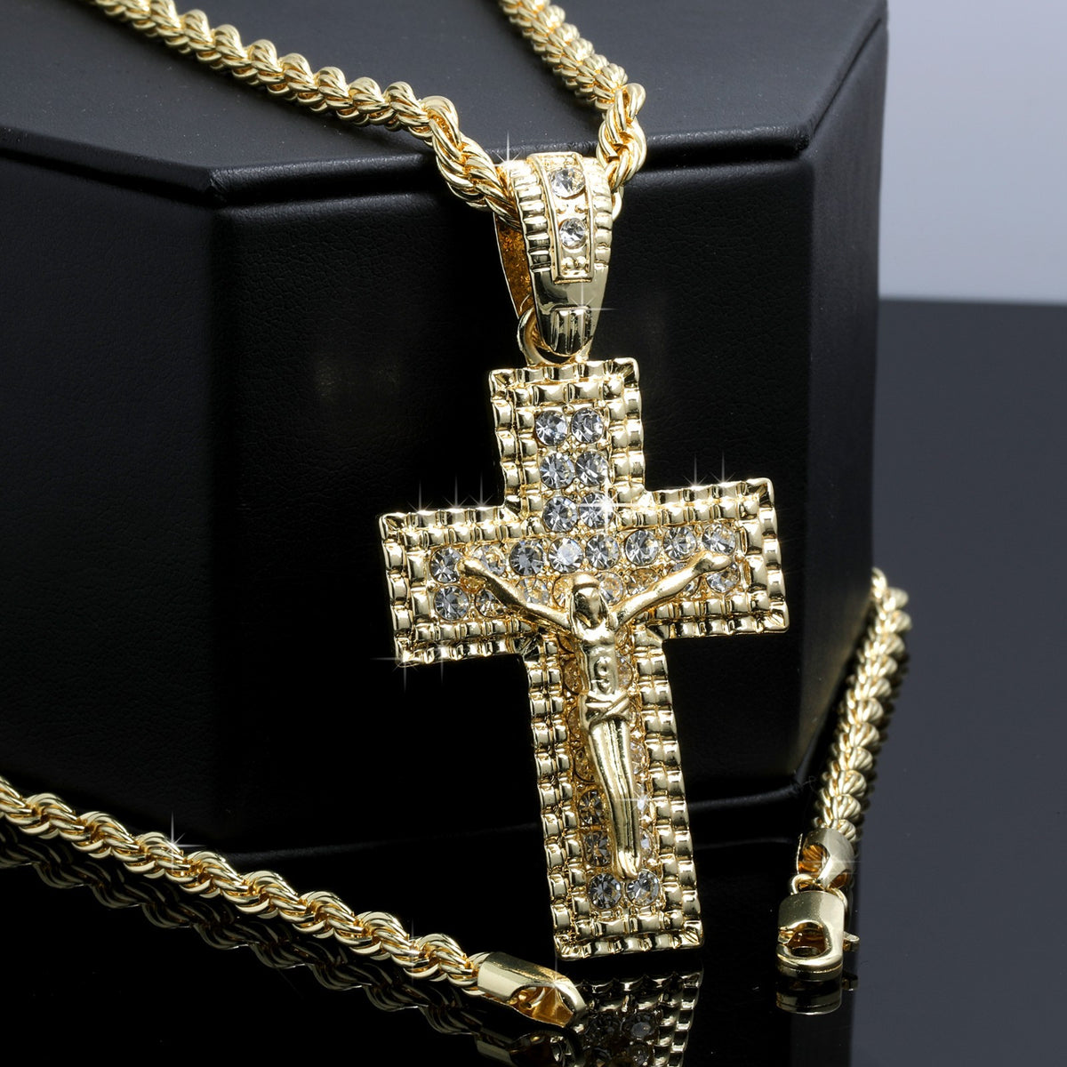 2 Row Iced Jesus Cross Pendant CZ 14k Gold Rope Chain for Men