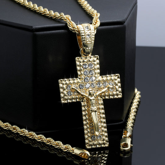 2 Row Iced Jesus Cross Pendant CZ 14k Gold Rope Chain for Men