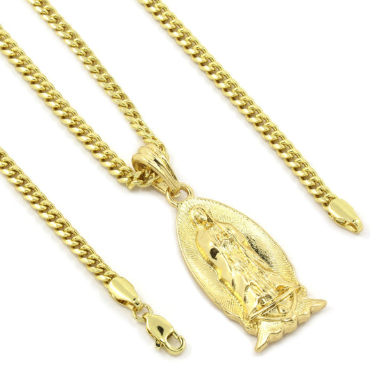 Men's 14k Gold Small Virgin Mary Pendant 30" 3mm Cuban Chain