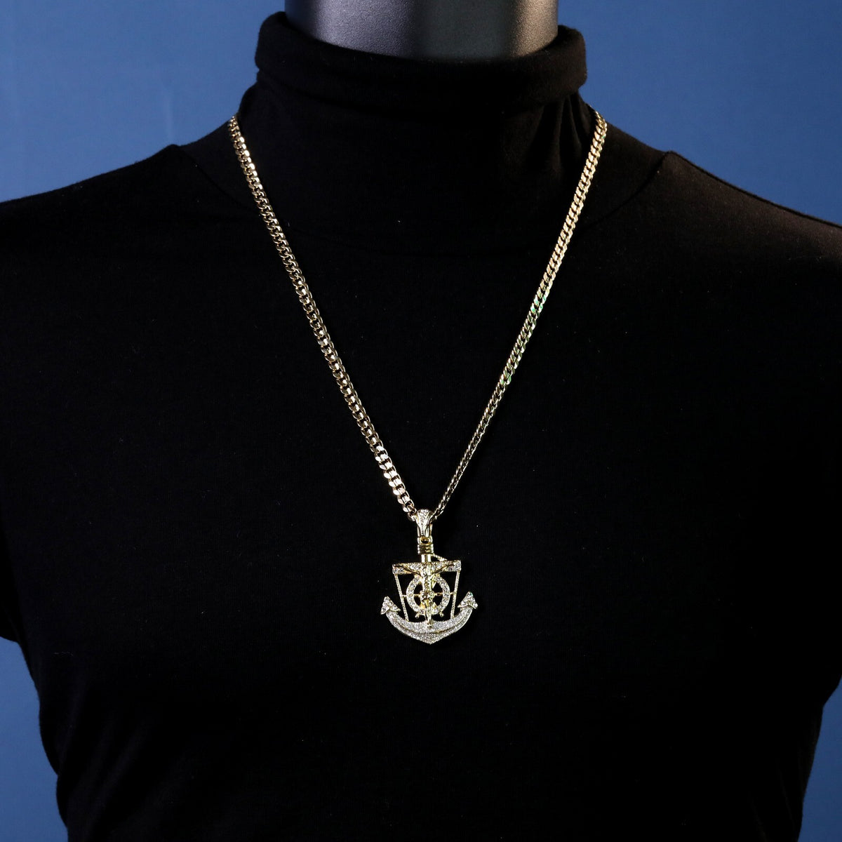 Jesus Anchor Pendant Silver Stardust Iced CZ Gold Cuban Chain