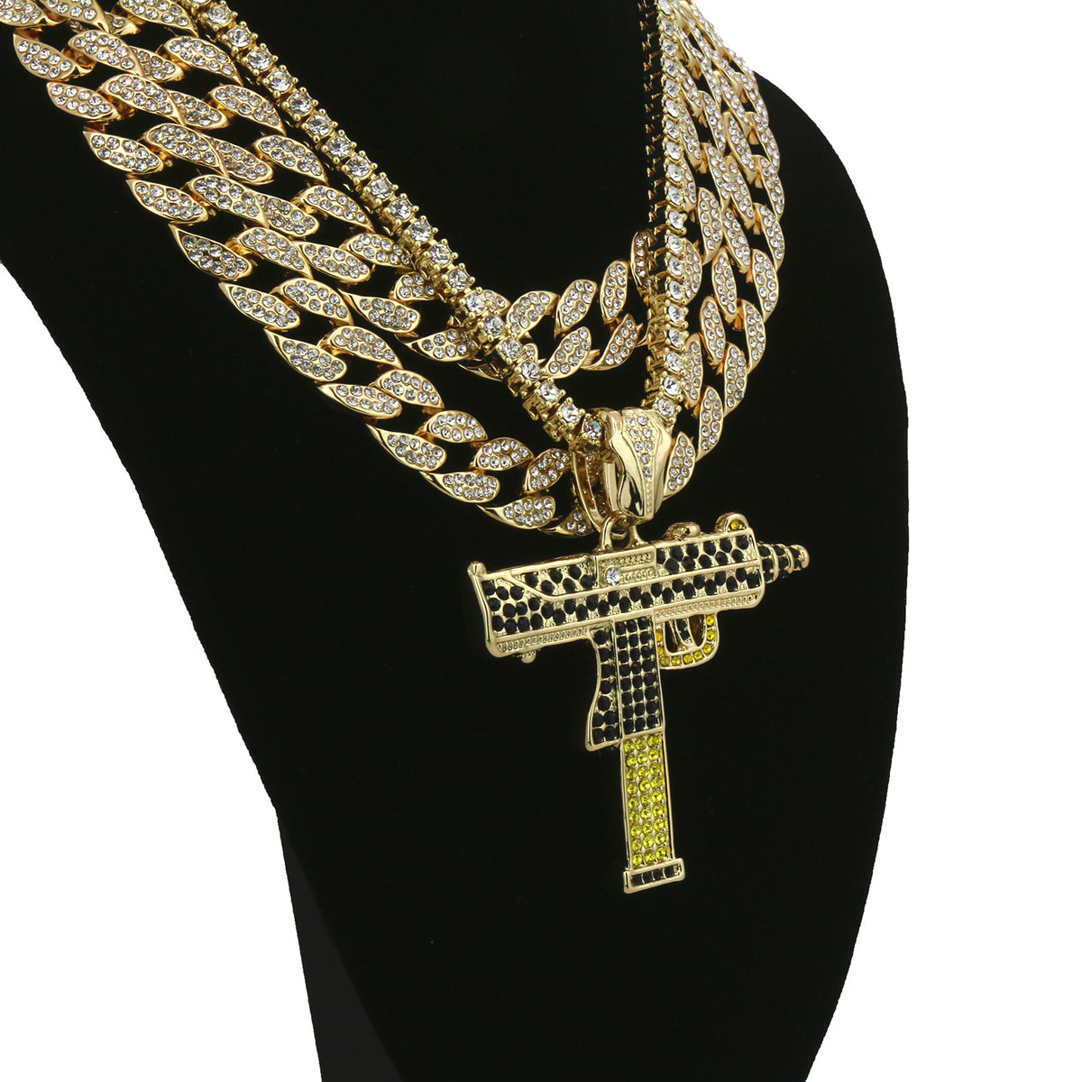 Men's 14k Gold Uzi Gun Pendant CZ 3 Chains Bundle