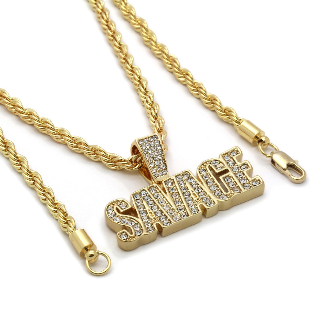 Men's 14k Gold Savage CZ Pendant 4mm Rope Chain Necklace