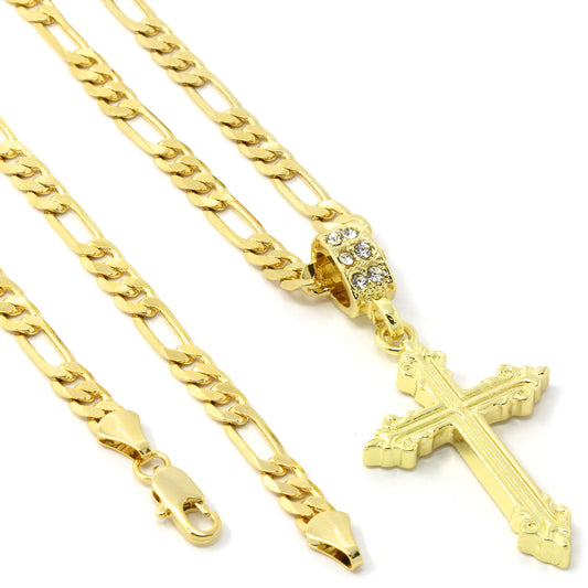 Men's 14k Gold Line Sharp Cross Pendant CZ 24" Figaro Chain