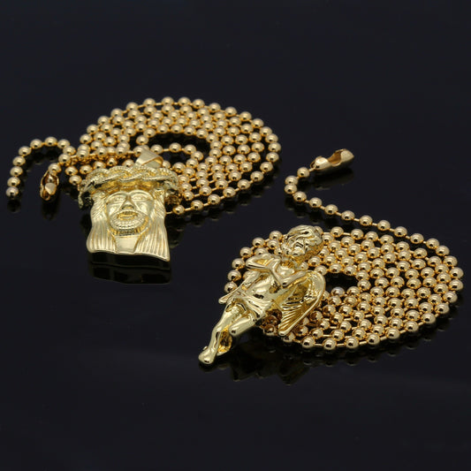 Men's Gold Jesus Angel Piece Combo Set Plain Pendant Chain Necklace