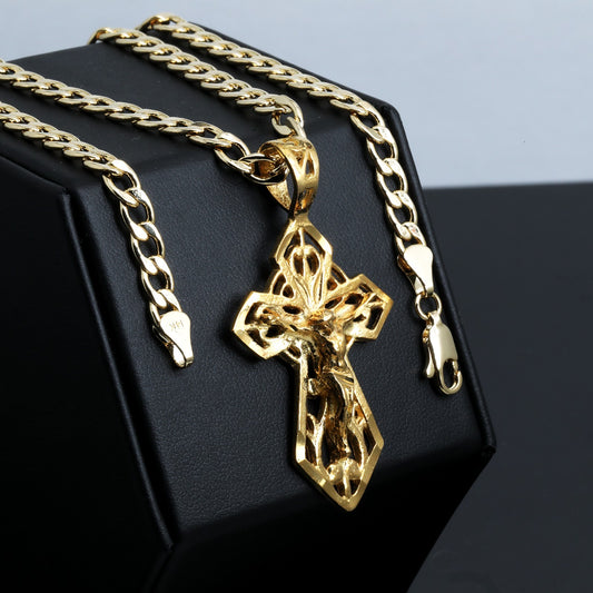 Sharp Jesus Cross Hollow Charm 14k Gold 5mm 20" Cuban Choker Chain