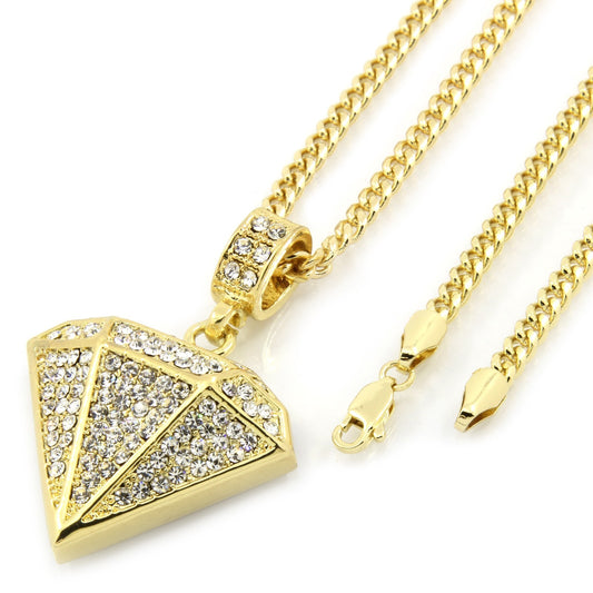Men's 14k Gold Small D-shape CZ Pendant 30" Cuban Chain