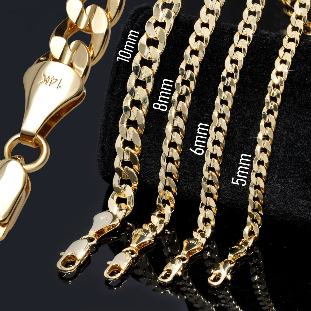 14k Gold 5mm, 6mm, 8mm & 10mm Cuban Link Concave 24" Men's & Boys Necklace