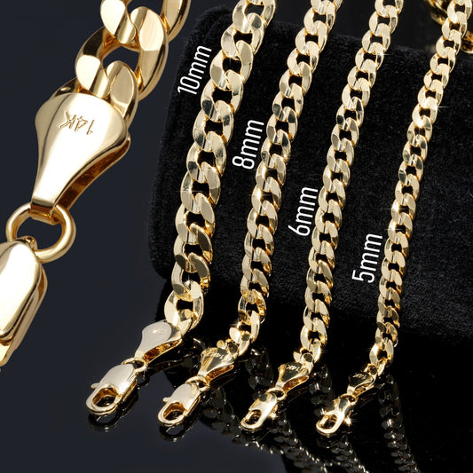 14k Gold 5mm, 6mm, 8mm & 10mm Cuban Link Concave 24" Men's & Boys Necklace