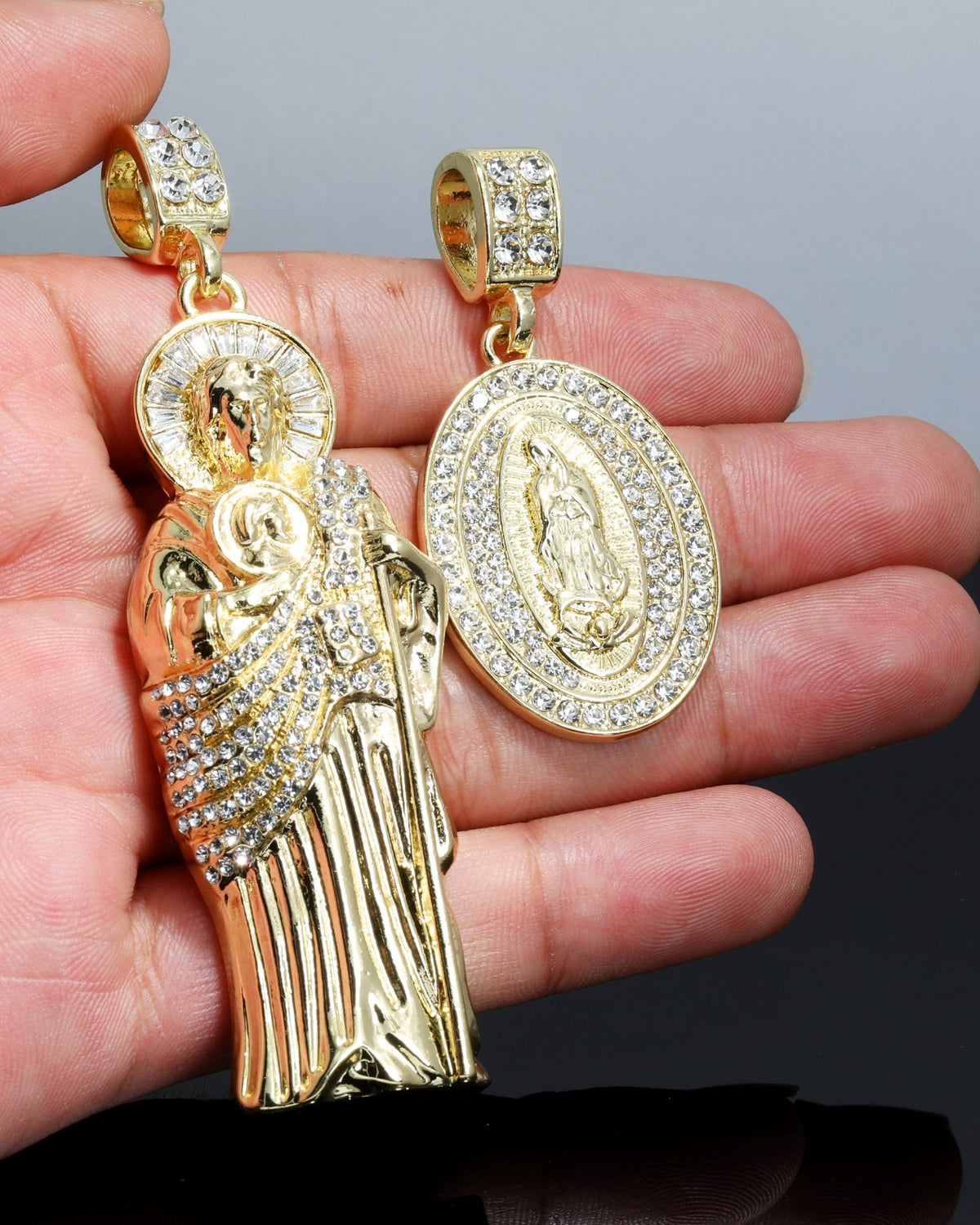 Iced San Judas & Two Row Virgin Pendant CZ Gold 4mm Rope Chain