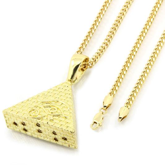 Men's 14k Gold Eye of Horus Egypt Pyramid Pendant 30" Cuban Chain