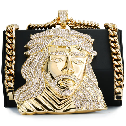 Miami Cuban Curb Chain Necklace 10mm 30In & Curly Hair Jesus Face Gold