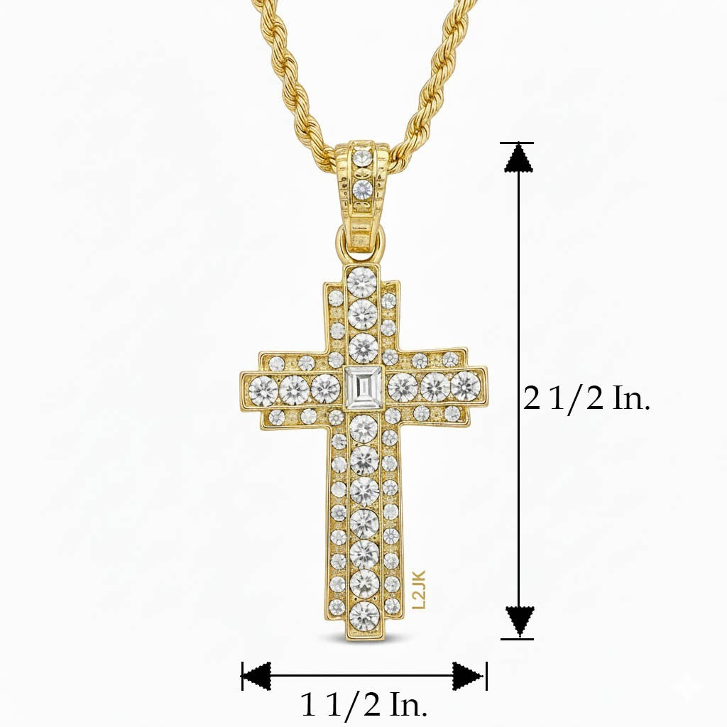Iced Cross Macedonia Pendant CZ 14k Gold Rope Chain for Men's