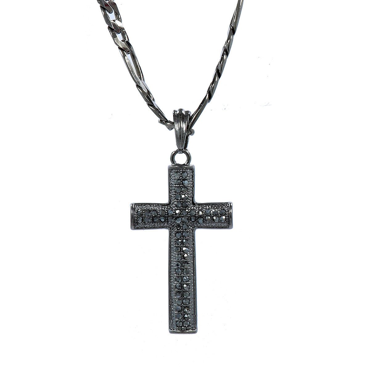 Men's Cross Pendant Hematite CZ 24" Gun Metal Figaro Chain