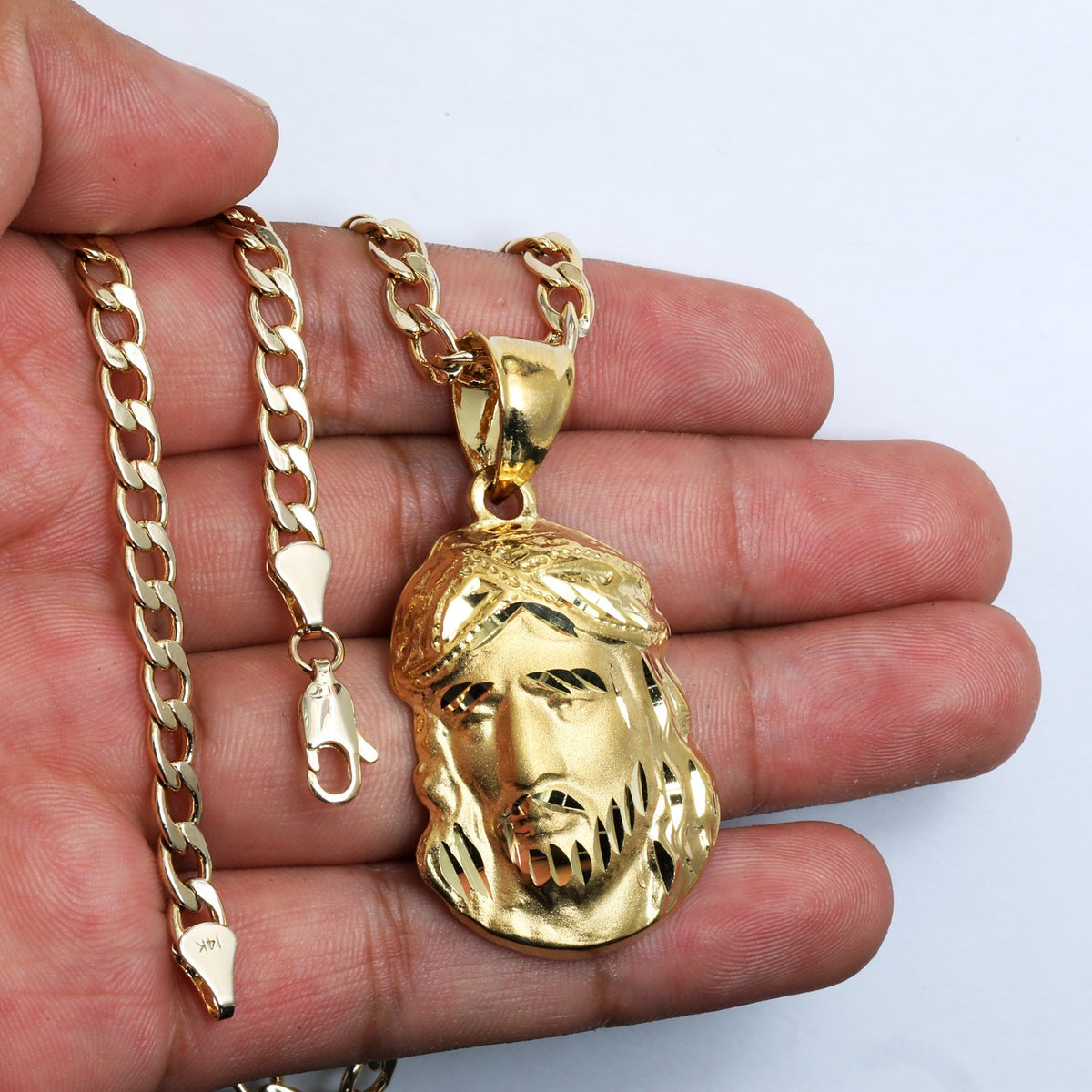 3D Jesus Pendant 14k Gold 5mm 20" Cuban Link Necklace Choker Chain