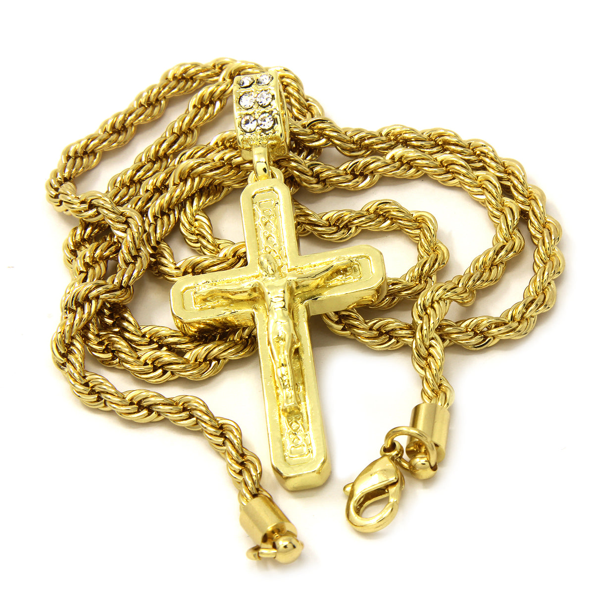 Men's 14k Gold Jesus C Cross Pendant CZ with 24" Rope Chain