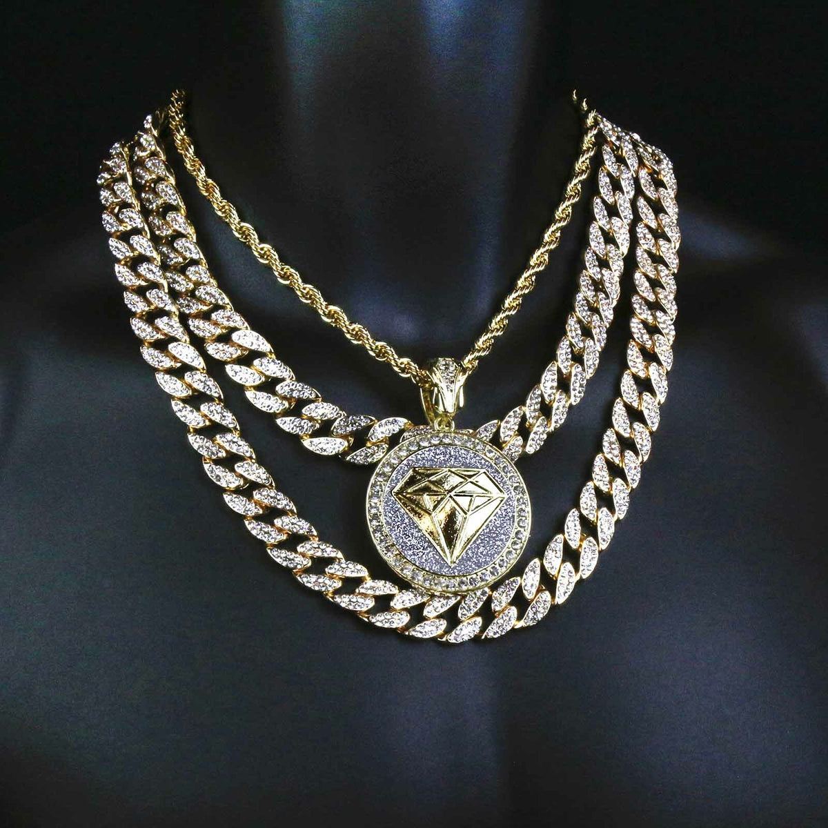 Gold Xl D Shape Pendant CZ 20", 24" Cuban 20 Rope Chain