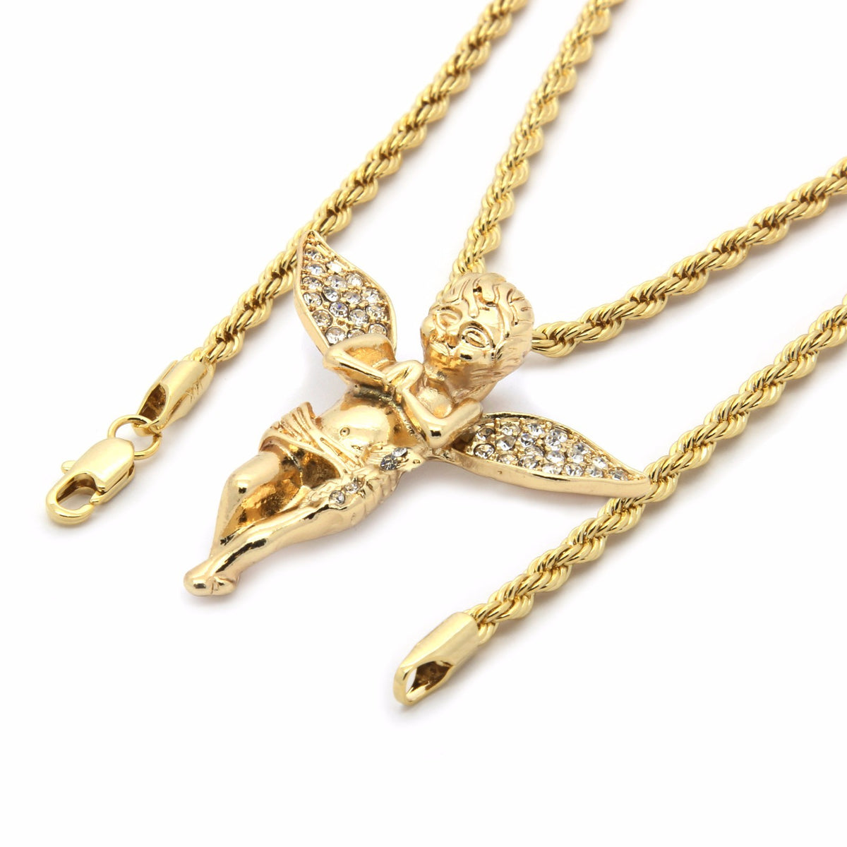 Men 14k Gold Long Wings Angel Pendant CZ 24" Rope Chain