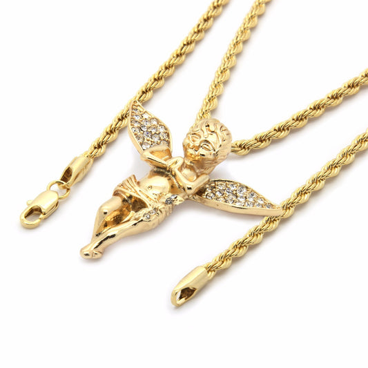 Men 14k Gold Long Wings Angel Pendant CZ 24" Rope Chain