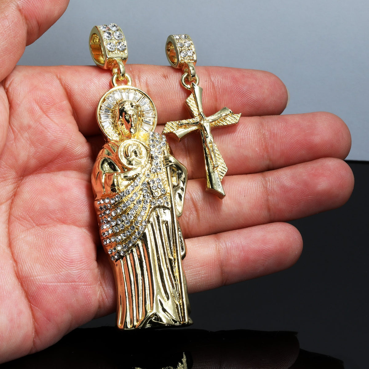 San Judas & Engrave Jesus Cross Iced CZ Gold 4mm Rope Chain