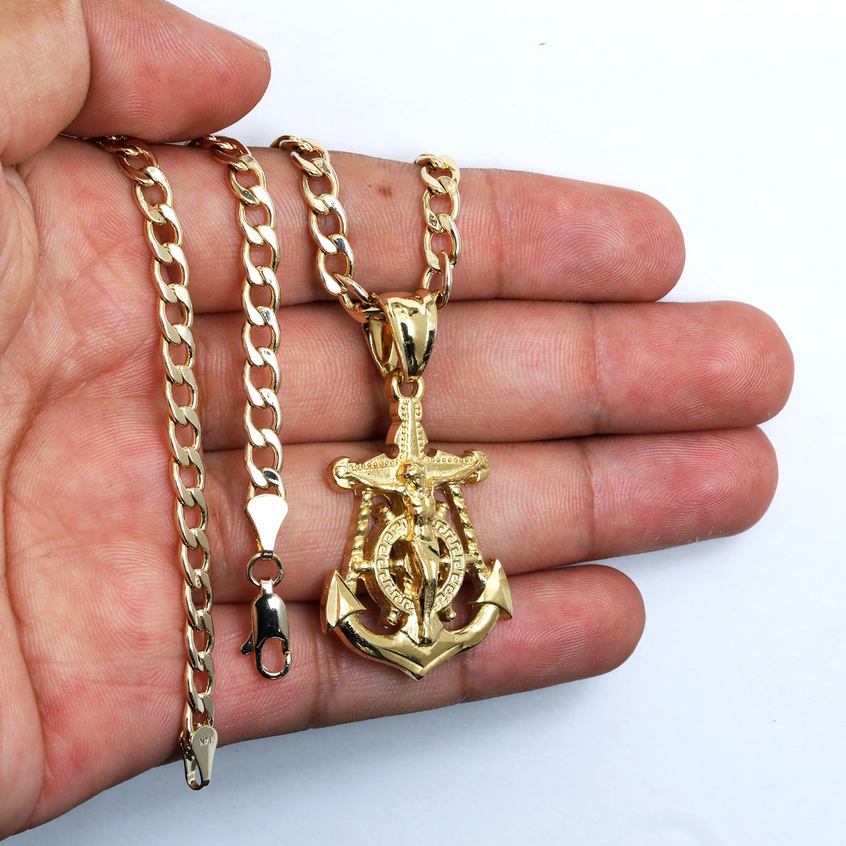 Jesus Anchor Charm Pendant 14k Gold 5mm 20" Cuban Choker Chain