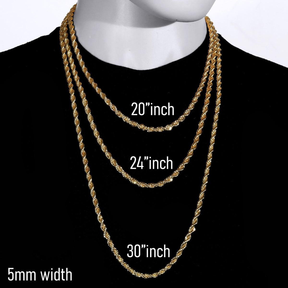 Men's Rope Chain Necklace 14k Gold 5mm 20-30" Women