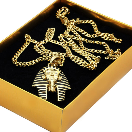 Men's 14k Gold Black Stripe Micro Pharaoh Pendant 30" Cuban Chain