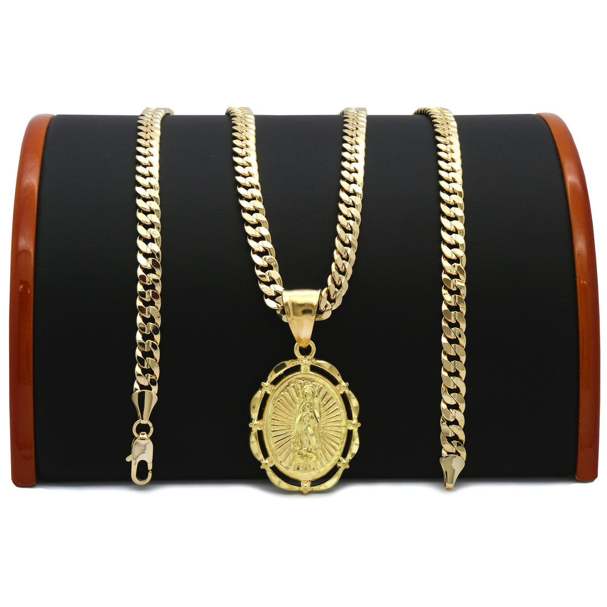 Men's 18k Gold Oval Guadalupe Pendant 5mm 24" Cuban Necklace Chain