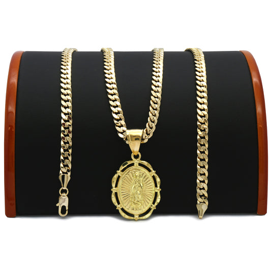 Men's 18k Gold Oval Guadalupe Pendant 5mm 24" Cuban Necklace Chain