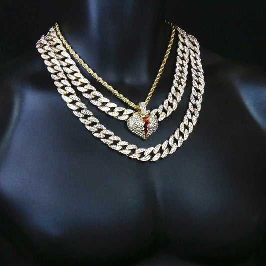 Gold Broken Heart Pendant CZ 20", 24" Cuban + 20 Rope Chain