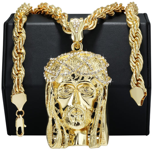 14k Rope Chain 10mm 20" & 24"In Large Crowned Jesus Piece Gold