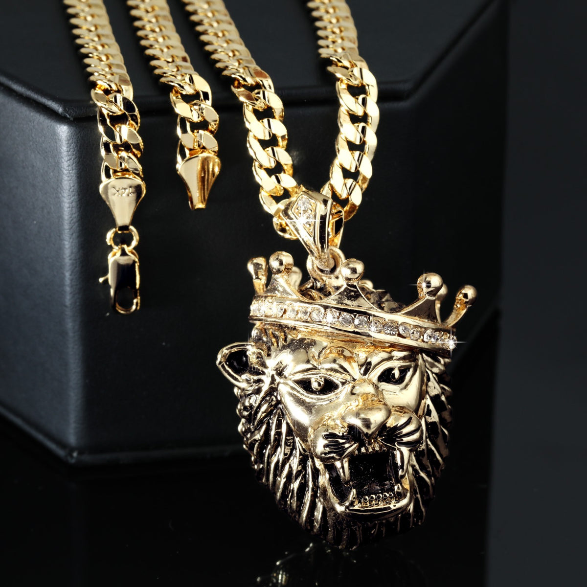 14k Cuban Chain & Lion Crowned Pendant Gold Iced CZ 24"-30"In