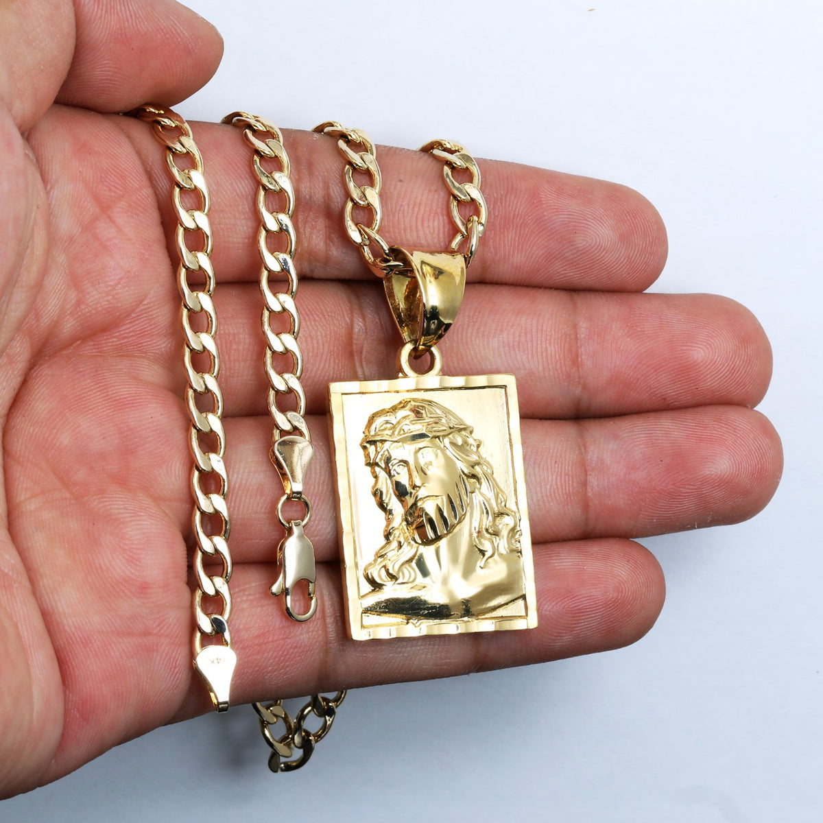 Block Jesus Face Charm Pendant 14k Gold 5mm 20" Cuban Choker Chain