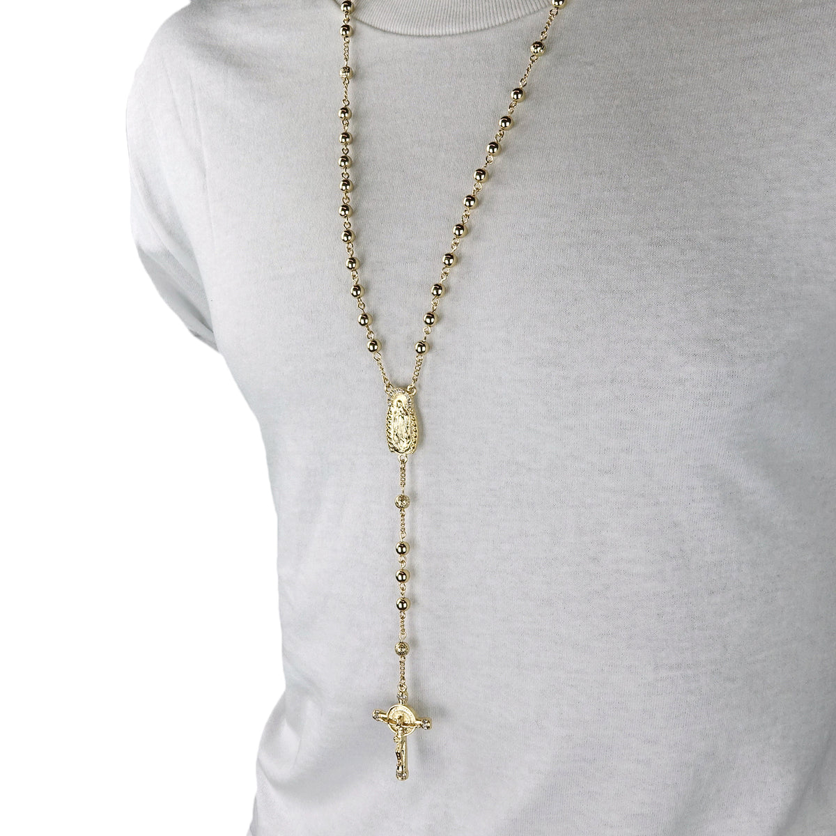 CZ 5mm Gold Beads 14k (Guadalupe) Rosary & Jesus Cross Men's