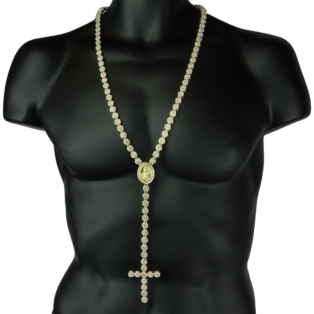 14k Gold Rosary Flower Pendant CZ Cross Guadalupe Chain