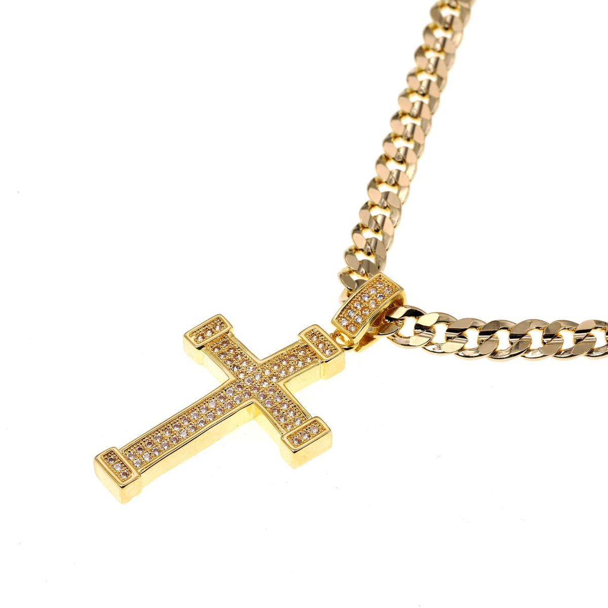 14k Gold Fully CZ Shade Cross Pendant 24" Cuban Chain