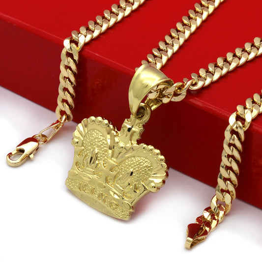 Men's 18k Gold King Crown Royalty Pendant 5mm 24" Cuban Necklace Chain