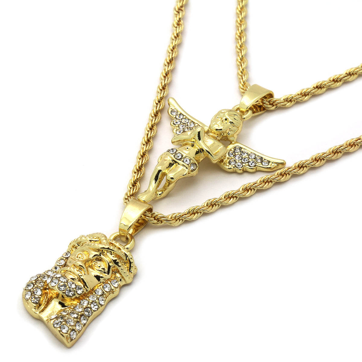 14k Gold High CZ Jesus & Angel 30" & 24" Rope Chain