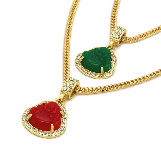 Men 14k Gold Green Red Buddha CZ 30 & 24" Cuban Chain
